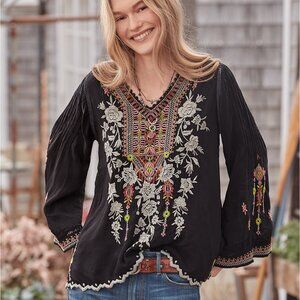 Johnny Was Embroidered Floral Long Pintuck Bell-Sleeve Blouse Black Cupra Rayon